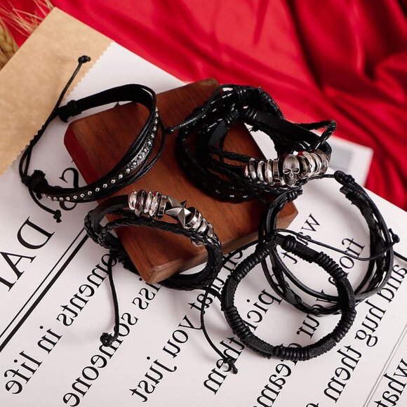 6Pcs Punk Leather Bracelets Women Men Braided Skull Accessories Adjustable - Picture 4 of 7